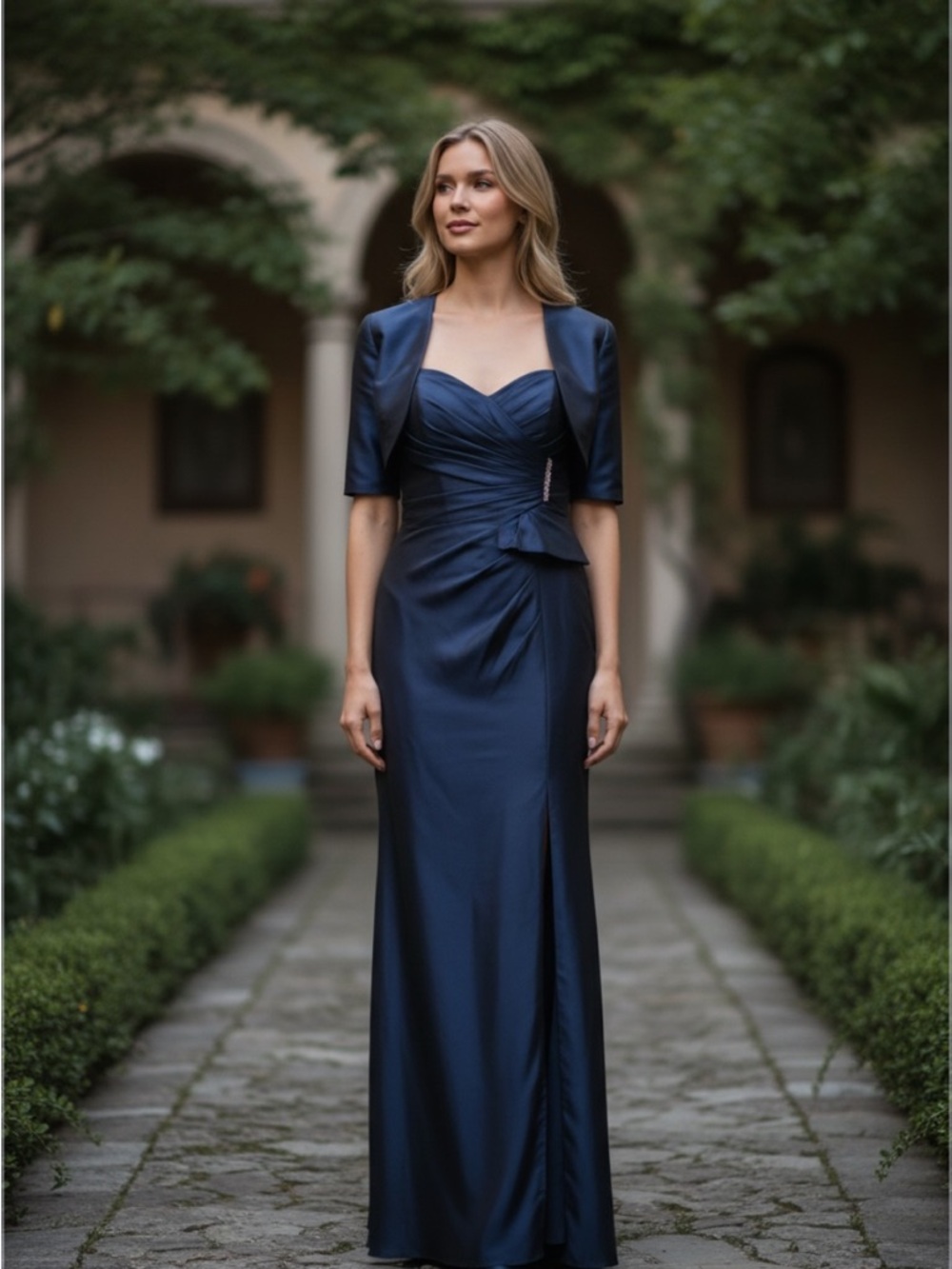 Mon Cheri / Cameron Blake Navy Satin Strapless Evening Gown with Matching Bolero